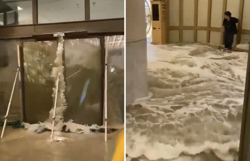 受樺加沙引發的越堤浪影響，香港仔有酒店玻璃門被海水沖至爆裂，海水湧入大堂。(網上片段截圖)