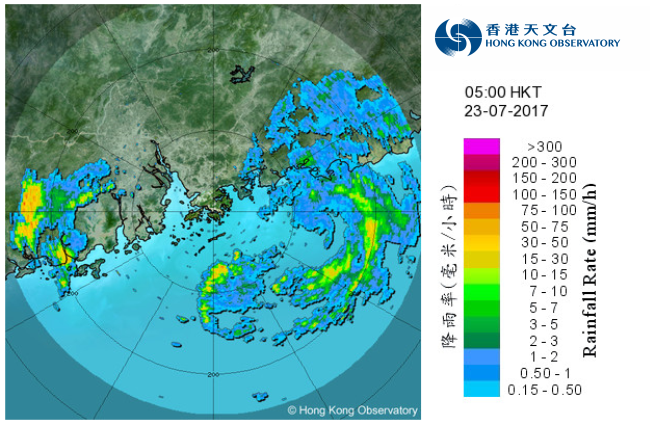 Image of radar echoes at 5:00 a.m. on 23 July 2017. 