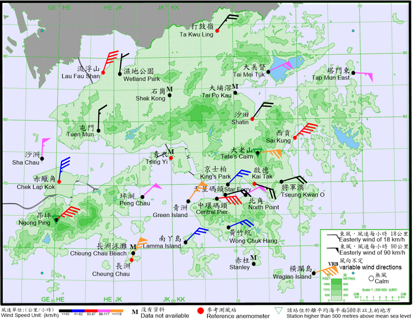 二零二三年九月一日下午10時20分香港各站錄得的十分鐘平均風向和風速。當時本港普遍吹東北風，長洲、橫瀾島、青州及大老山的風力達到颶風程度。