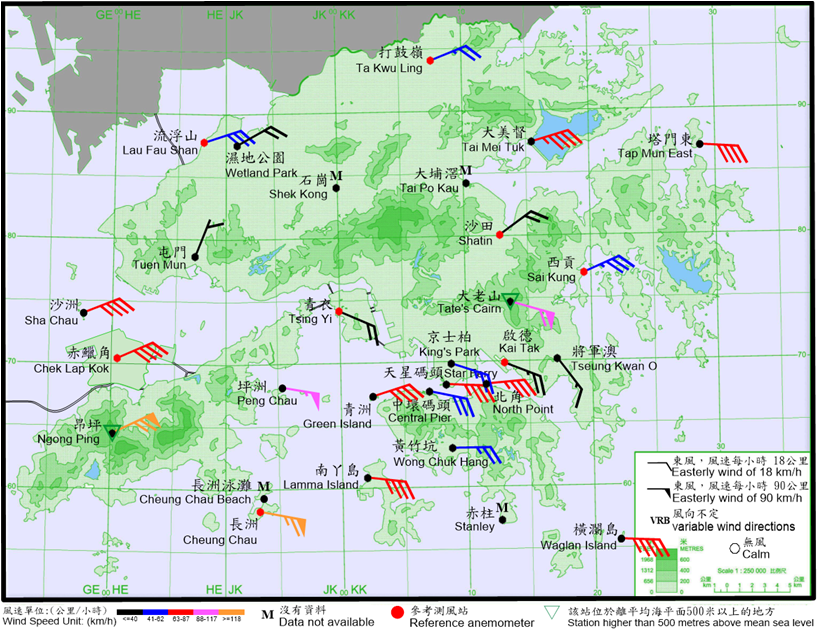 二零二三年九月二日上午12時20分香港各站錄得的十分鐘平均風向和風速。當時本港普遍吹東風，長洲及昂坪的風力達到颶風程度。