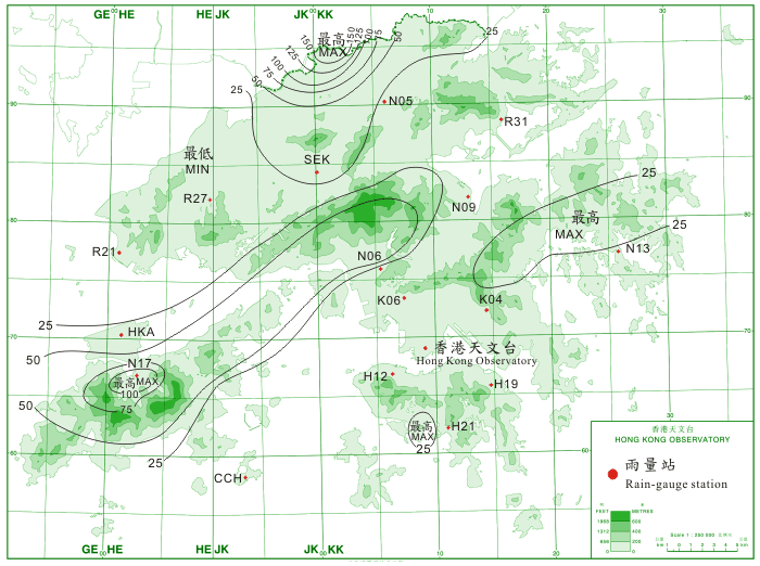 Rainfall distribution for 10 - 11 June 2011 (isohyets are in millimetres). 