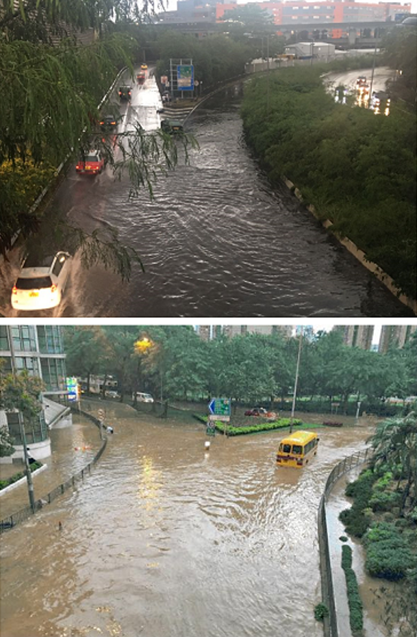 Severe flooding at Ching Cheung Road (up) and Chai Wan Road (bottom) on 19 October 2016 (courtesy of Drainage Services Department).
