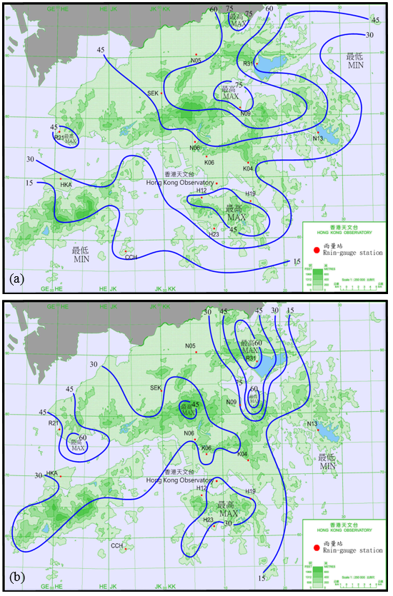 Rainfall distribution on (a) 17 - 18, and (b) 23 - 24 July 2018.