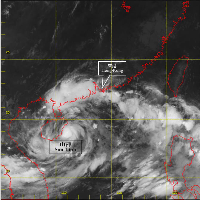 Infra-red satellite imagery around 2 a.m. on 18 July 2018, when Son-Tinh was at peak intensity with estimated maximum sustained winds of 85 km/h near its centre.