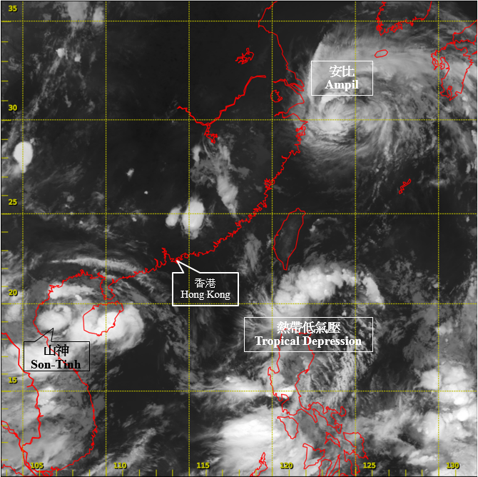 Infra-red satellite imagery around 2 a.m. on 22 July 2018, when Son-Tinh re-intensified into a tropical depression over Beibu Wan.  Meanwhile, another tropical depression over Luzon Strait was moving northeastwards and severe tropical storm Ampil was moving towards Jiangsu.
