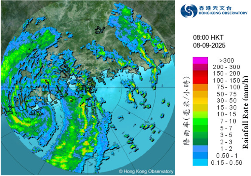 二零二五年九月八日早上8時正的雷達回波圖像。