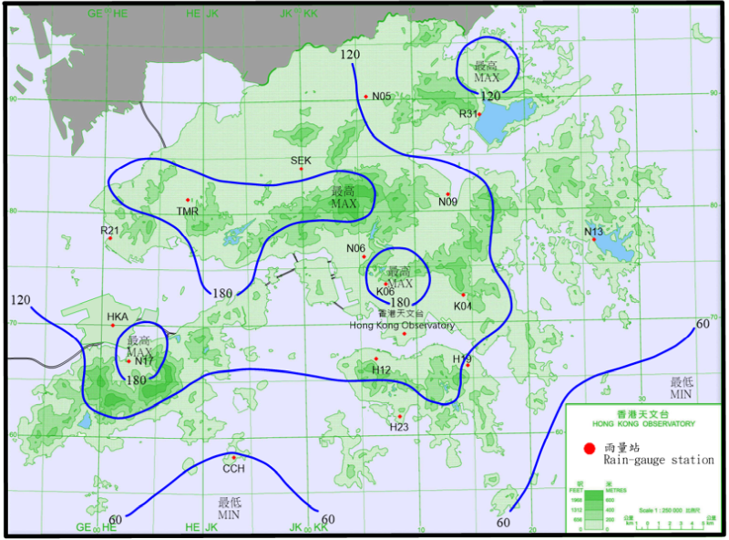 二零二五年九月五日至九日的雨量分佈(等雨量線單位為毫米)。