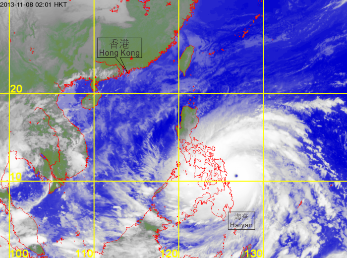 Infra-red satellite imagery at 2 a.m. on 8 November 2013, as Haiyan, the most intense tropical cyclone so far this year, reached super typhoon intensity with estimated maximum sustained winds of 275 kilometres per hour near its centre.