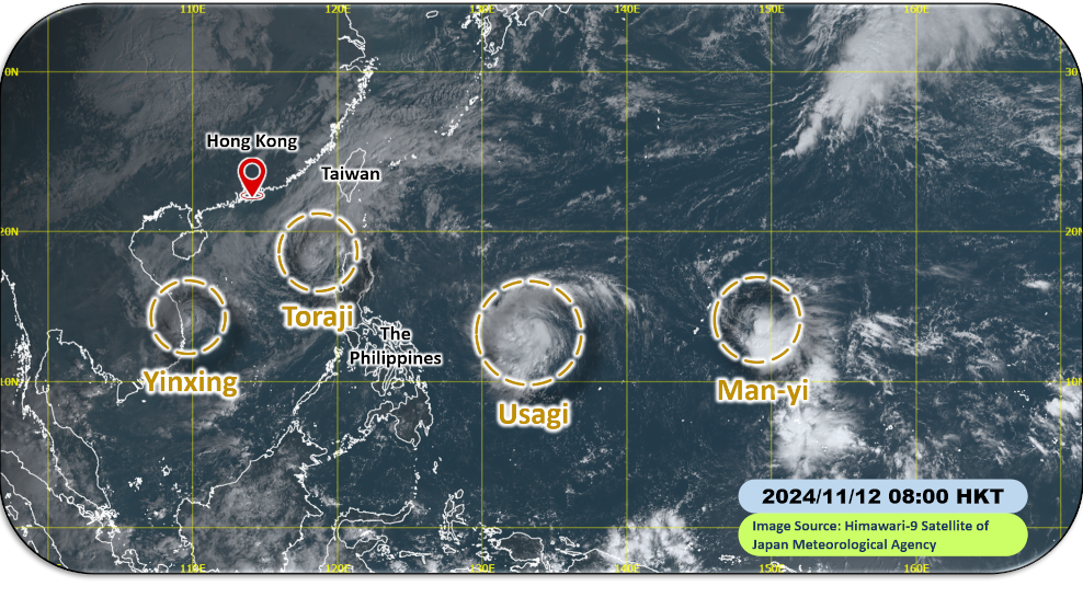 Satellite imagery at around 8 a.m. on 12 November 2024, showing that four tropical cyclones occurred concurrently over the western North Pacific and the South China Sea, the first time in November since 1961.