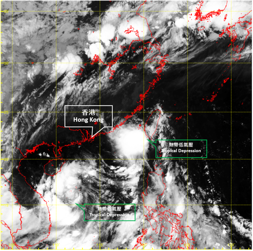 二零二一年七月六日上午5時左右的紅外線衛星圖片，當時第一個熱帶低氣壓集結在台灣南部附近，而第二個熱帶低氣壓則位於南海中部。