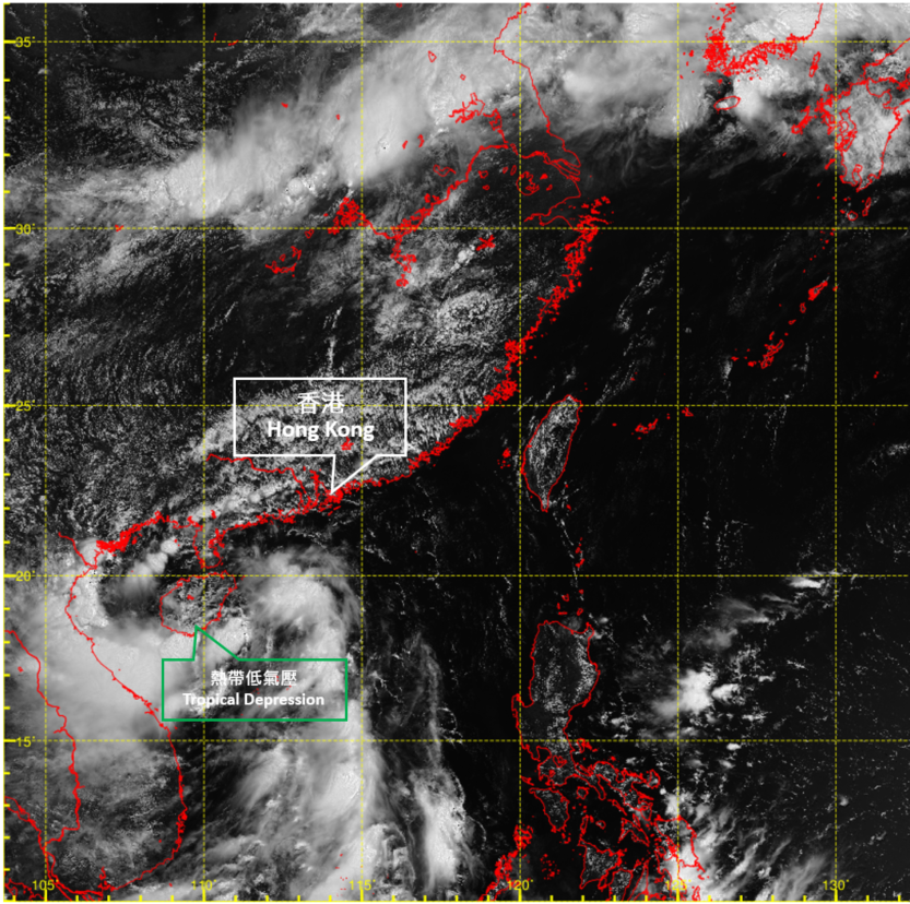 二零二一年七月七日上午11時左右的可見光衛星圖片，當時第二個熱帶低氣壓已登陸海南島，而副熱帶高壓脊為中國東南部及南海東北部帶來普遍晴朗的天氣。