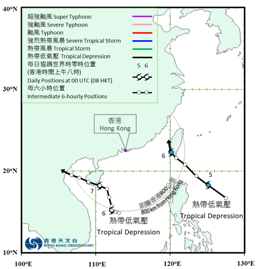 二零二一年七月五日至八日兩個熱帶低氣壓的暫定路徑圖。