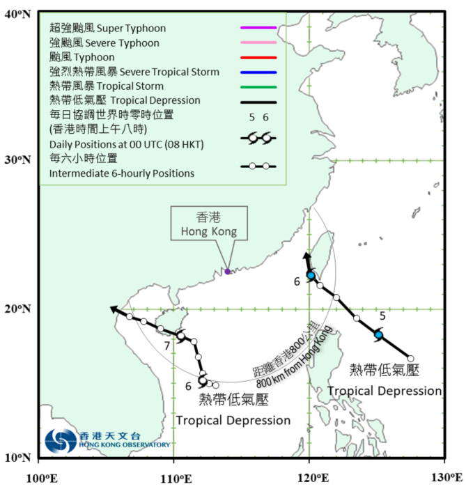 兩個熱帶低氣壓(七月五日至八日)的暫定路徑圖