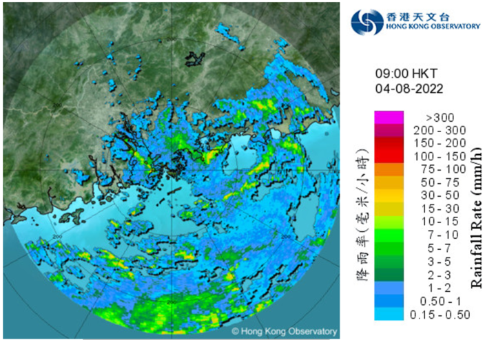 二零二二年八月四日上午9時的雷達圖像顯示熱帶低氣壓的外圍雨帶正影響廣東沿岸及南海北部。