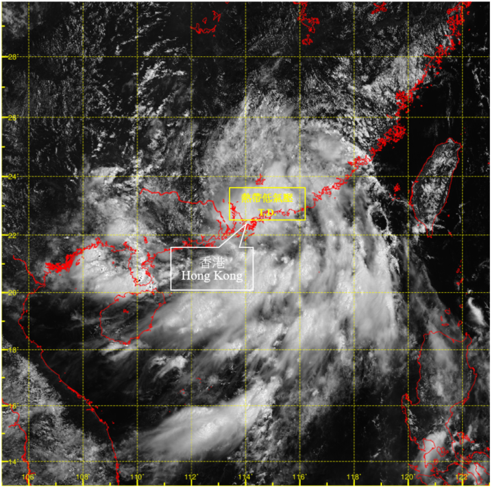 二零二二年八月四日上午11時正的可見光衛星圖片，當時熱帶低氣壓最接近本港，位置在香港天文台之東北約80公里。