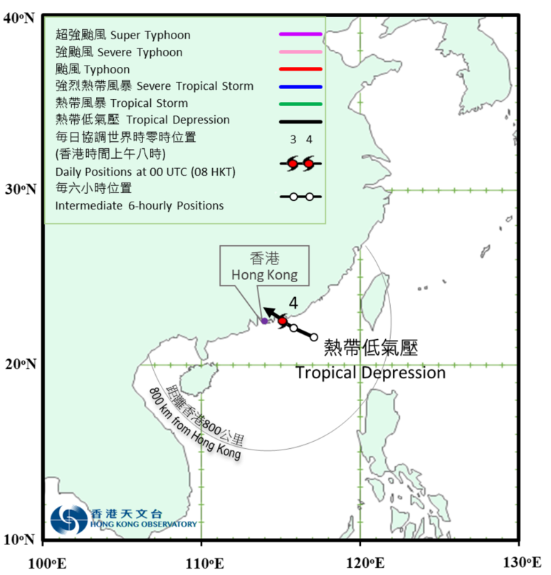 二零二二年八月三日至四日熱帶低氣壓的暫定路徑圖。