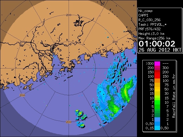 Radar echoes of the outer rainbands of Typhoon Tembin captured at 1 a.m. on 26 August 2012. The centre of Tembin was at its closest to Hong Kong at about 290 km to the east-southeast at that time.