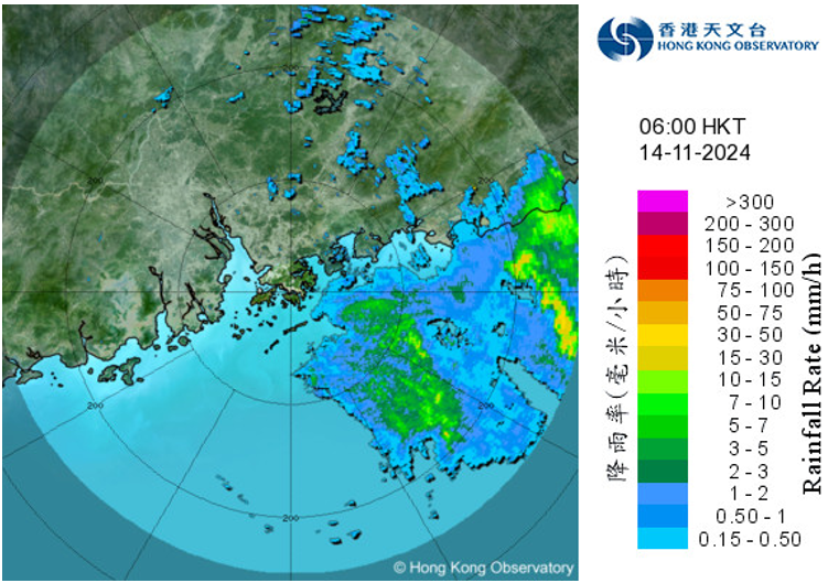 Radar echoes captured at 6 a.m. on 14 November 2024 when Toraji was closest to Hong Kong, skirting past about 130 km south of the territory. The intense rainbands associated with Toraji were affecting the coast of Guangdong.