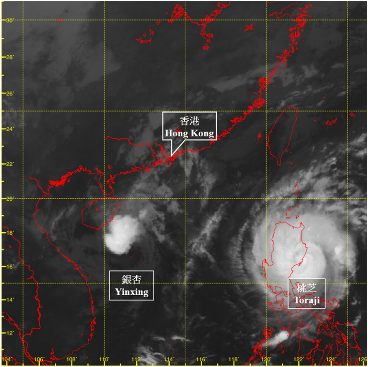 Infra-red satellite imagery at around 8 a.m. on 11 November 2024. The maximum sustained wind near the centre of Toraji was estimated to be 130 km/h at that time. Besides, tropical cyclone Yinxing over the seas southeast of Hainan Island was moving southwestwards and weakening gradually.