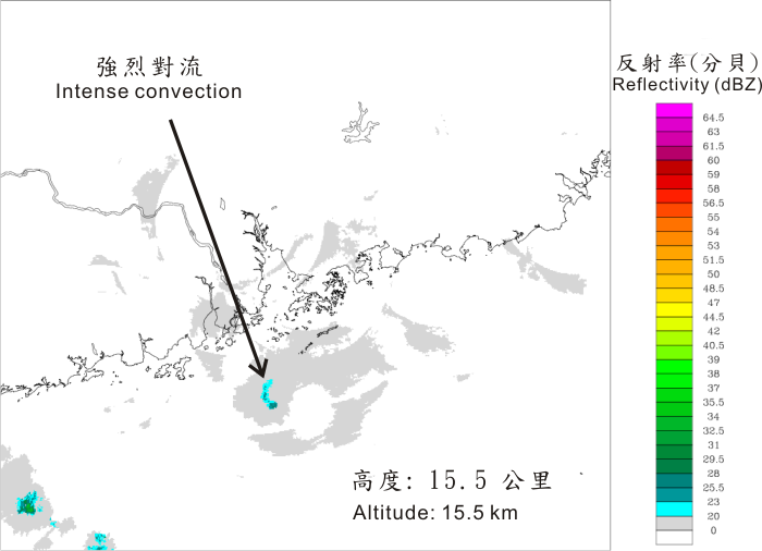 Radar reflectivity images at 10:30 p.m. on 23 July 2012: horizontal cross-section taken at an altitude of 15.5 km. The arrow points to an area of intense convection on the eyewall of Vicente (grey shadings south of Hong Kong in the image). This signifies the existence of violent updraft raising cloud water to the top of the troposphere.