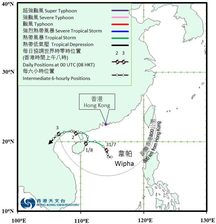Provisional Track of Wipha: 30 July – 3 August 2019.