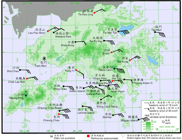 10-minute mean wind direction and speed recorded at various stations in Hong Kong at 2:10 p.m. on 31 July 2019. 