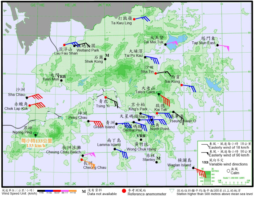 10-minute mean wind direction and speed recorded at various stations in Hong Kong at 12:15 p.m. on 20 July 2025.  Local winds were generally east to southeasterlies, with winds at Cheung Chau and Ngong Ping reaching hurricane force at the time.