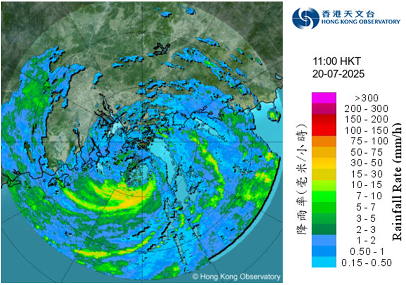 Image of radar echoes captured at 11:00 a.m. on 20 July 2025 when Wipha was closest to Hong Kong, skirting past about 60 km south of the Observatory Headquarters.  Meanwhile, the eyewall of Wipha was affecting the southwestern part of Hong Kong.