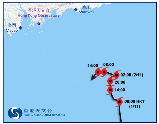 Provisional track of Yutu near Hong Kong