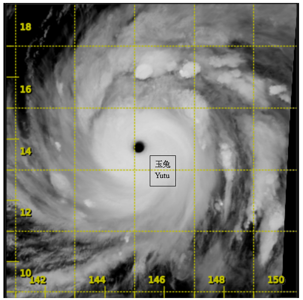 Infra-red satellite imagery around 8 p.m. on 24 October 2018, when Yutu was at peak intensity with an estimated maximum sustained winds of 250 km/h near its centre.  
