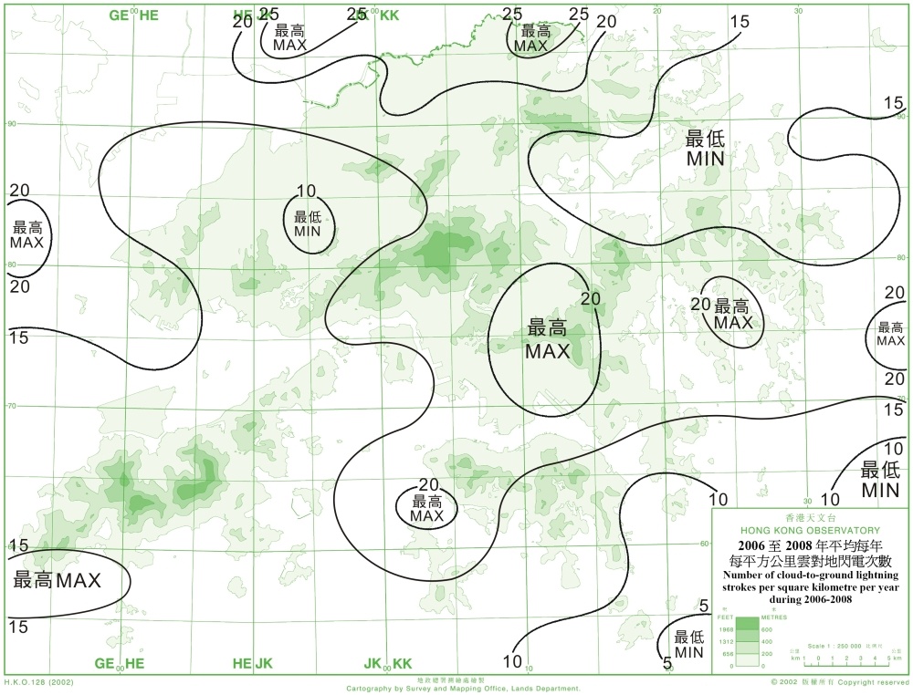 Number of cloud-to-ground lightning strokes per square kilometre per year during 2006 to 2008