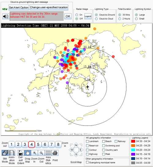 The lightning alert webpage provides three levels of alert