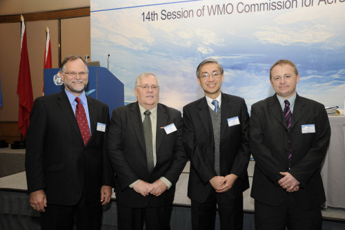 The newly elected President of the Commission for Aeronautical Meteorology and Assistant Director of Hong Kong Observatory, Mr C M Shun (second from right) pictured with the two former Presidents of the Commission, Mr Carr McLeod (second from left) and Dr Neil Gordon (left), as well as the newly elected Vice President, Mr Ian Lisk (right)