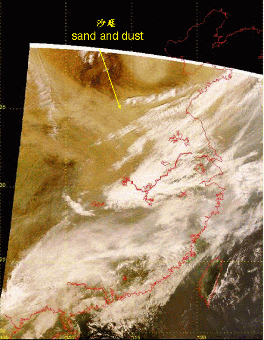 True colour image from Earth Observing Satellite at 10:50 a.m., 20 March 2010. Sand and dust was affecting northern China at that time.