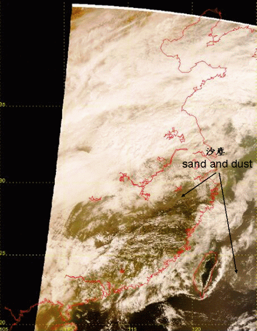 True colour image from Earth Observing Satellite at 10:38 a.m., 22 March 2010. Sand and dust spread to Taiwan and its adjacent waters. As southern China was generally covered by clouds, sand and dust were not observed from the satellite picture.
