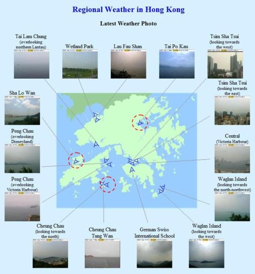 Figure 1: The Observatory's "Regional Weather" webpage showing weather photos of 15 different places. (Locations of the cameras at Sha Lo Wan, Tai Po Kau and Cheung Chau Tung Wan are marked by red circles in the figure)