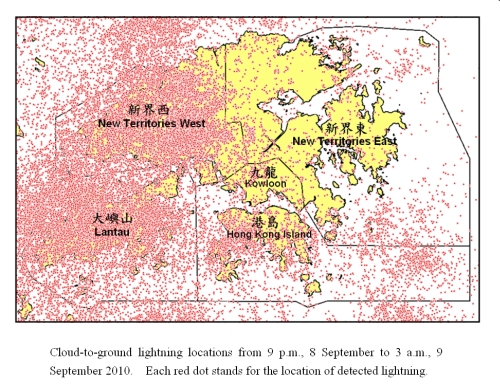 Cloud-to-ground lightning locations from 9 p.m., 8 September to 3 a.m., 9 September 2010.  Each red dot stands for the location of detected lightning.