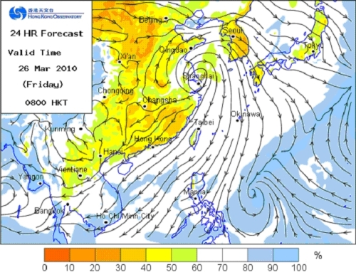 Figure 1  24-hour forecast of relative humidity and air flow generated by the new computer model, showing dry continental air reaching south China.