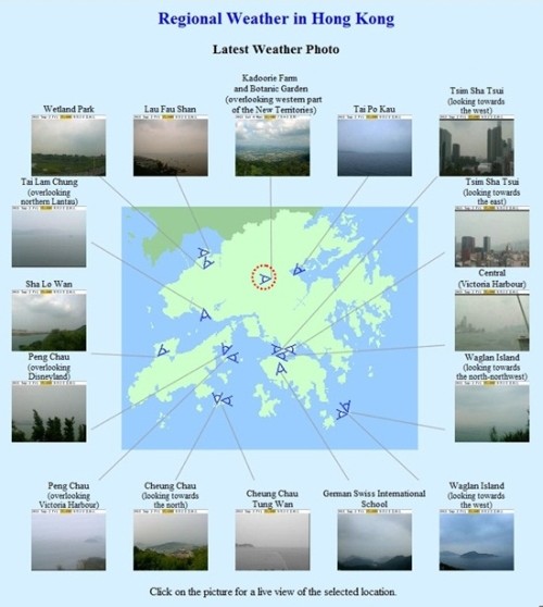 Figure 1: Hong Kong Observatory's regional weather webpage, showing real-time weather photos at 16 different places in Hong Kong. The location of the camera at Kadoorie Farm and Botanic Garden is marked by a red circle.