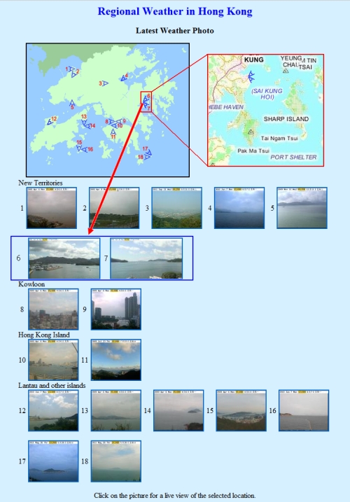 Figure 1 : The Hong Kong Observatory's regional weather webpage shows real-time weather photos at eighteen sites in Hong Kong.  The location of Sai Kung Marine East Station is marked by the small red rectangle.