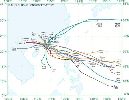 Tracks of the tropical cyclones that necessitated the issuance of the Hurricane Signal No. 10 in Hong Kong since 1946