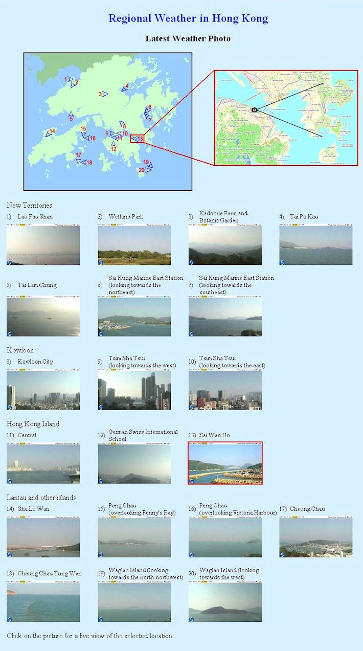 The Hong Kong Observatory's 'Regional Weather in Hong Kong' webpage shows real-time weather photos at 20 sites in Hong Kong. The real-time weather photo at Sai Wan Ho and its area of coverage are highlighted in the red boxes.