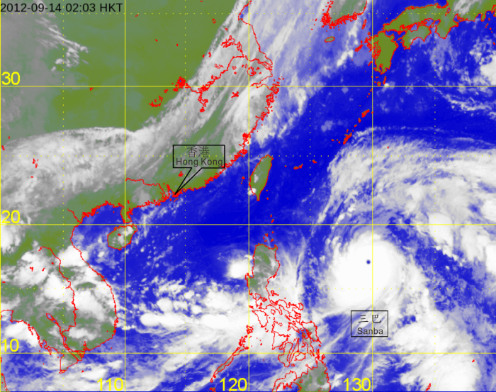 Infra-red satellite imagery of Super Typhoon Sanba (1216) at peak intensity at 2 a.m. on 14 September 2012