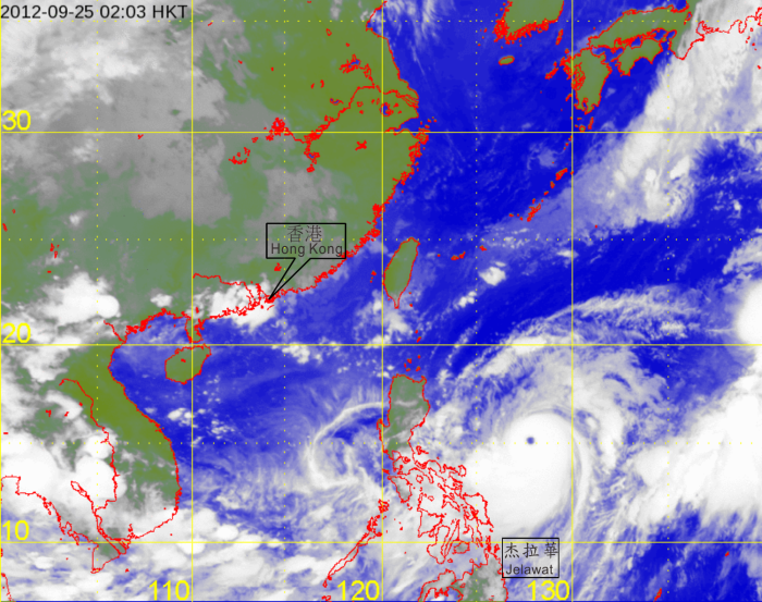 Infra-red satellite imagery of Super Typhoon Jelawat (1217) at peak intensity at 2 a.m. on 25 September 2012.