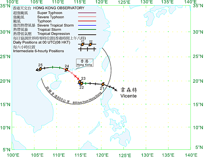 Track of Vicente (1208) for 20 - 25 July 2012.