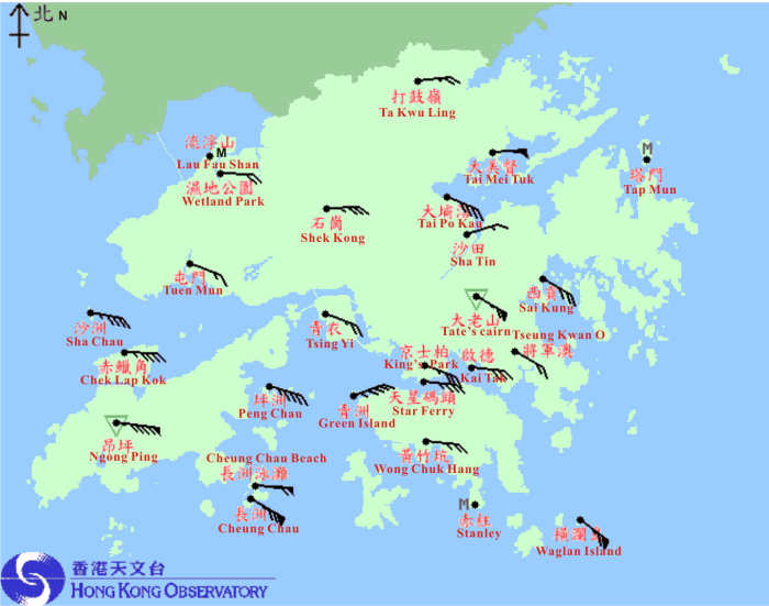 Winds recorded at various stations in Hong Kong at 1:30 a.m. on 24 July 2012 when the centre of Vicente was closest to Hong Kong