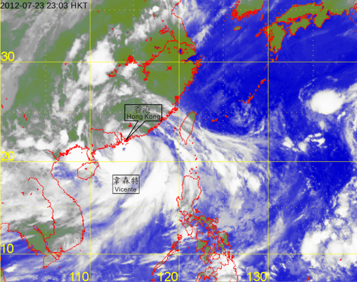 Infra-red satellite imagery of Severe Typhoon Vicente at 11 p.m. on 23 July 2012, showing a distinct eye at about 120 km south-southwest of Hong Kong
