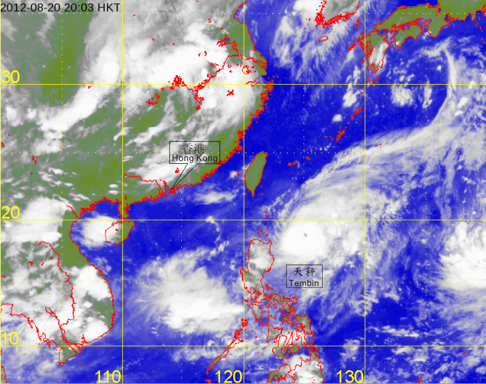 Infra-red satellite imagery of Severe Typhoon Tembin at 8 p.m. on 20 August 2012 at its peak intensity with estimated maximum sustained winds of 175 kilometres per hour near its centr