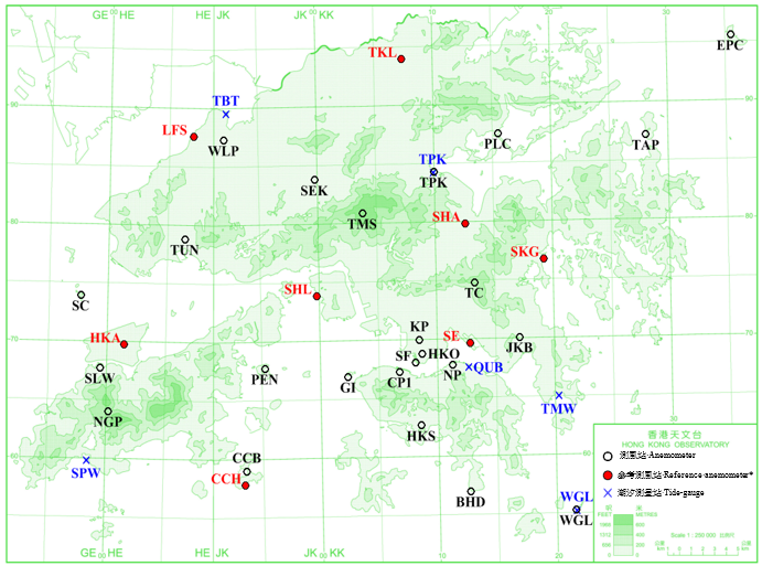 Locations of anemometers and tide gauge stations mentioned in this publication.  