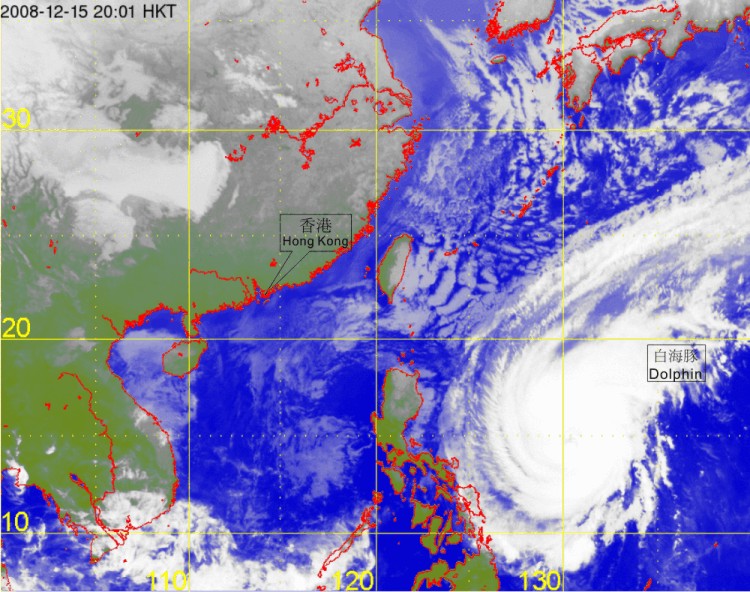 Infra-red satellite imagery at 8 p.m. on 15 December 2008 of Typhoon Dolphin.